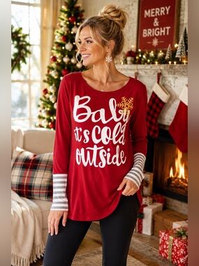 For G and PL Women's Christmas Print Striped Graphic Loungewear Tunic Tops M